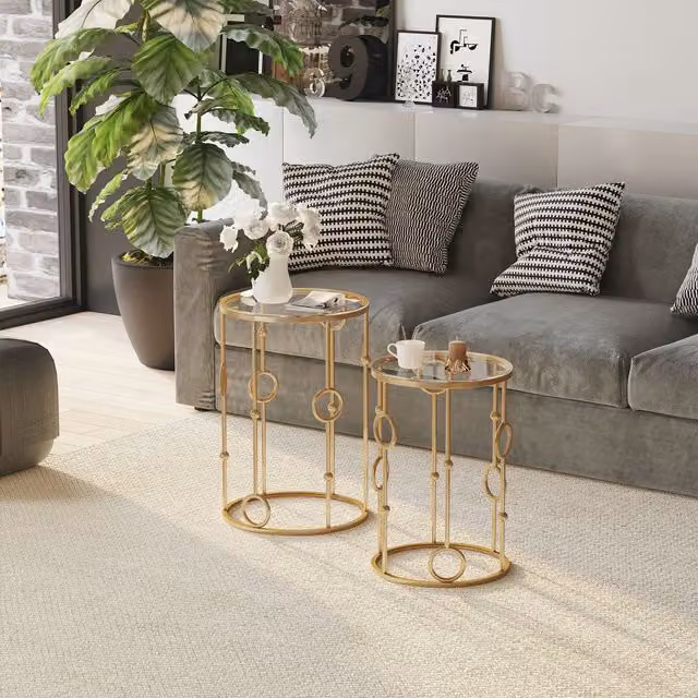 HOMCOM Set of 2 Round Gold Nesting Coffee Tables with Glass Tops