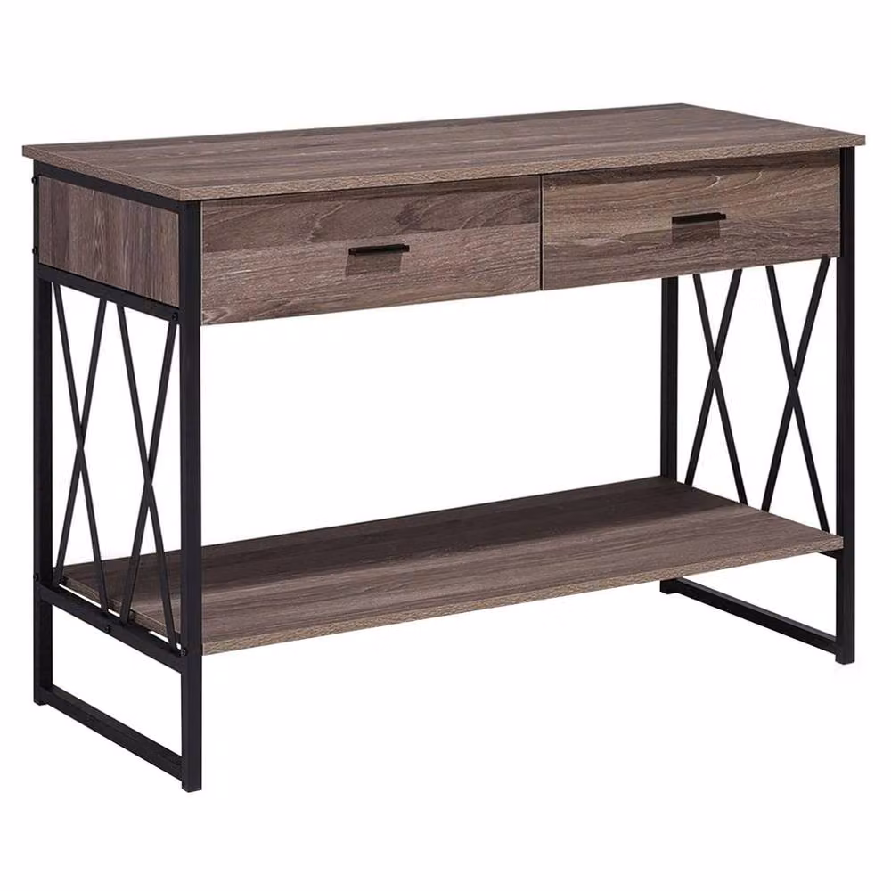 Wyld and Coco Taupe Melamine Console Table with 2 Drawers and Black Metal Frame, W: 107 cm, D: 46 cm, H: 76 cm – 2