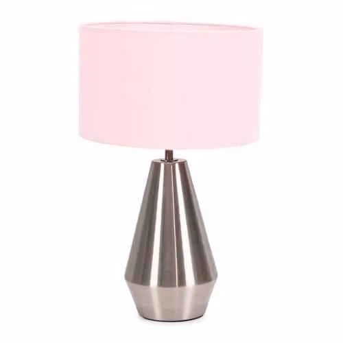 ValueLights Silver Metal Touch Dimmer Table Lamp with Blush Pink Fabric Drum Shade and Included Bulb