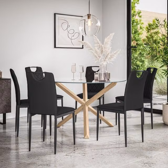 More4Homes Malvern Round Dining Table and 6 Monza Faux Leather Chairs Set, Clear Glass Top with Solid Oak Legs, Black – 1