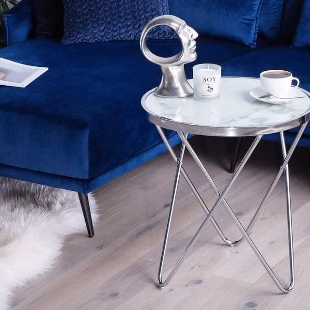 Wyld and Coco Astra Round Side Table with White Marble Effect Tempered Glass Top and Silver Metal Legs, W: 50 cm, H: 55 cm – 1
