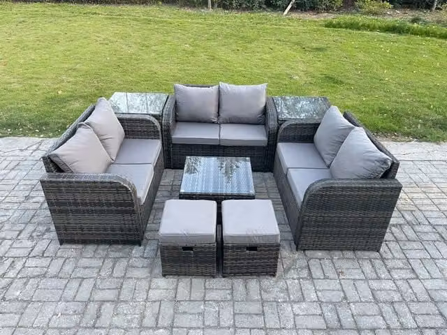 Fimous 8 Seater Grey Wicker Rattan Outdoor Garden Furniture Set with Square Coffee Table, Love Seat, 2 Small Footstools and Side Tables