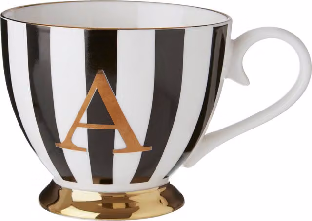 Orsina Personalized Duchess Monogram Bone China Mug in Black, White and Gold Striped Design – 1