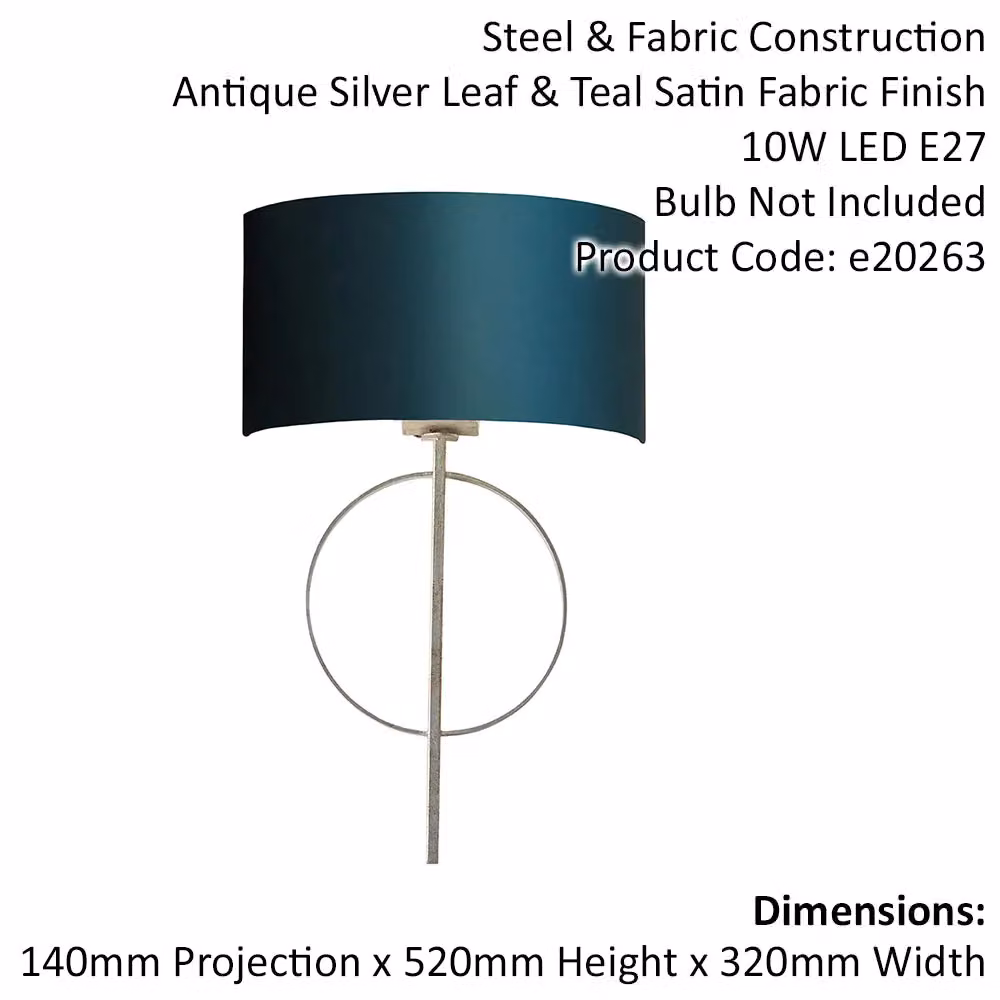 Loops 2 Pack Antique Silver Leaf Wall Lights with Teal Satin Shades and Dimmable LED Filament Bulbs – 2