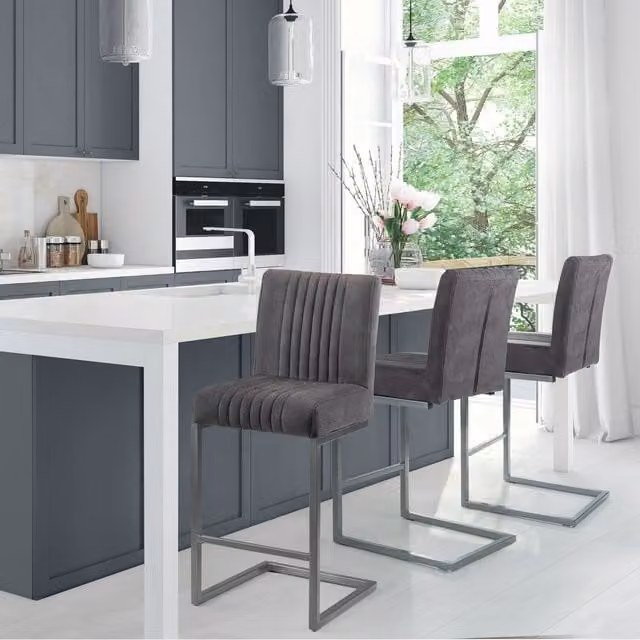 Julian Bowen Brooklyn Set of 2 Upholstered Microfibre Bar Stools in Grey with Metal Cantilever Base