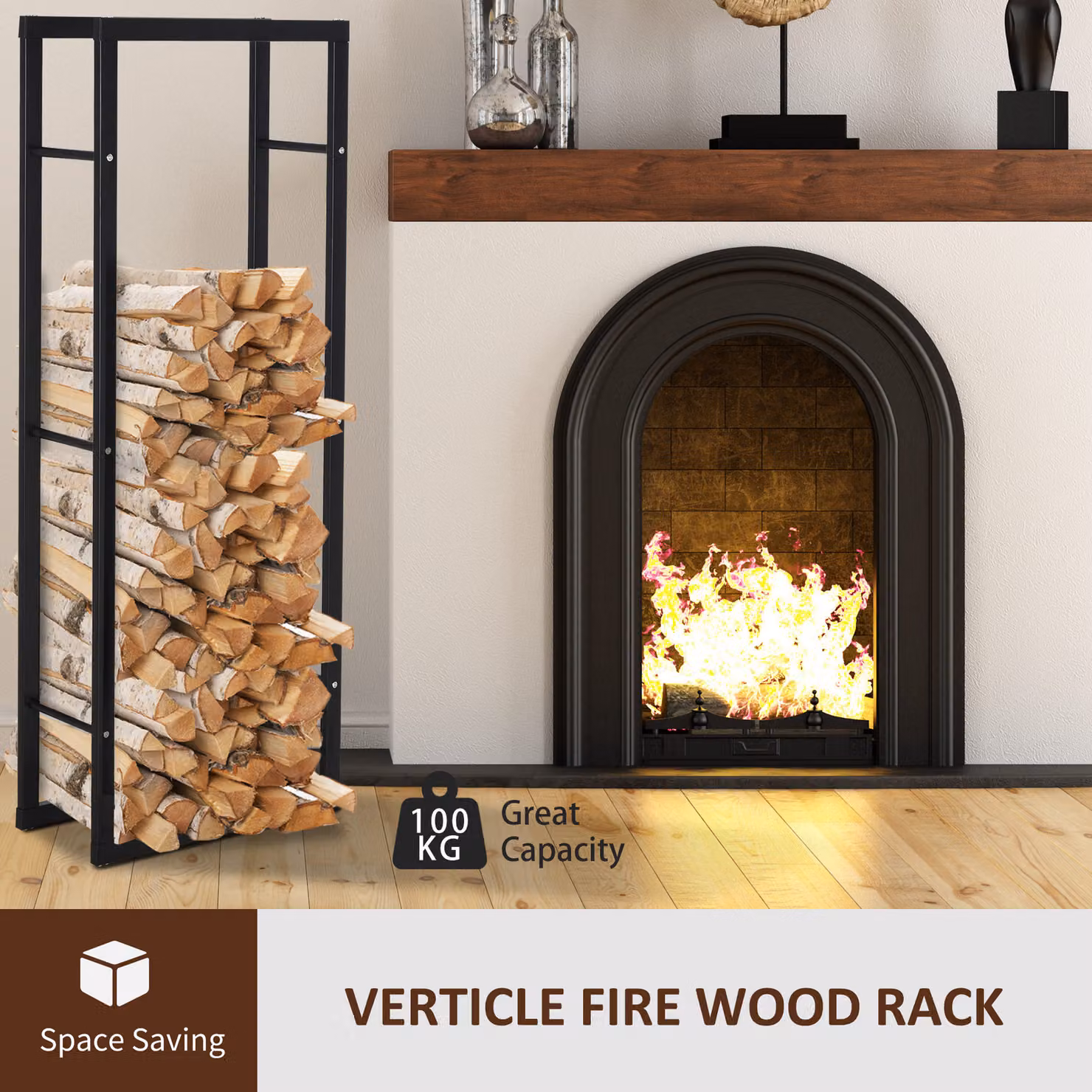 HOMCOM Double Tier Metal Firewood Log Holder Rack in Black, H 150 x W 40 x D 40 cm – 4