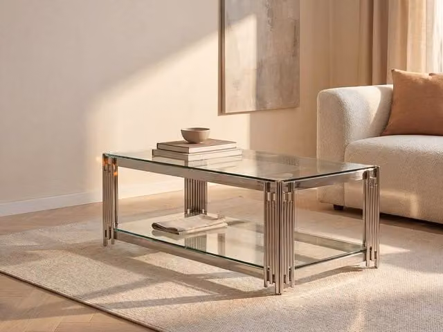 Vente-unique NOMELANO Tempered Glass and Stainless Steel Coffee Table in Silver, W/D/H: 75.0 x 63.5 x 45.5 cm – 1