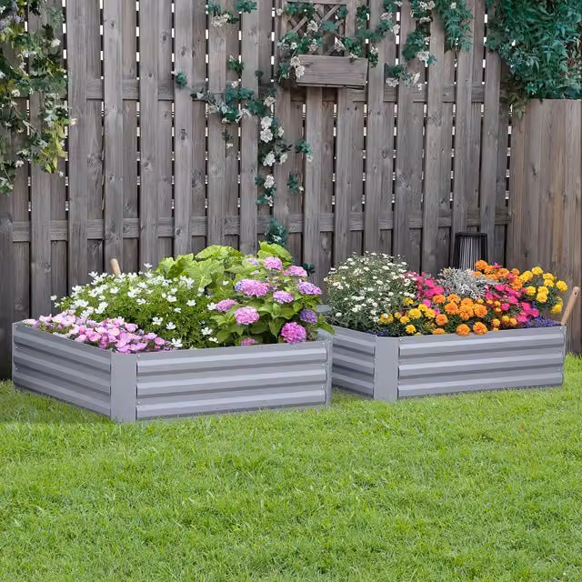 Outsunny Set of 2 Galvanised Steel Raised Garden Beds in Silver and Grey