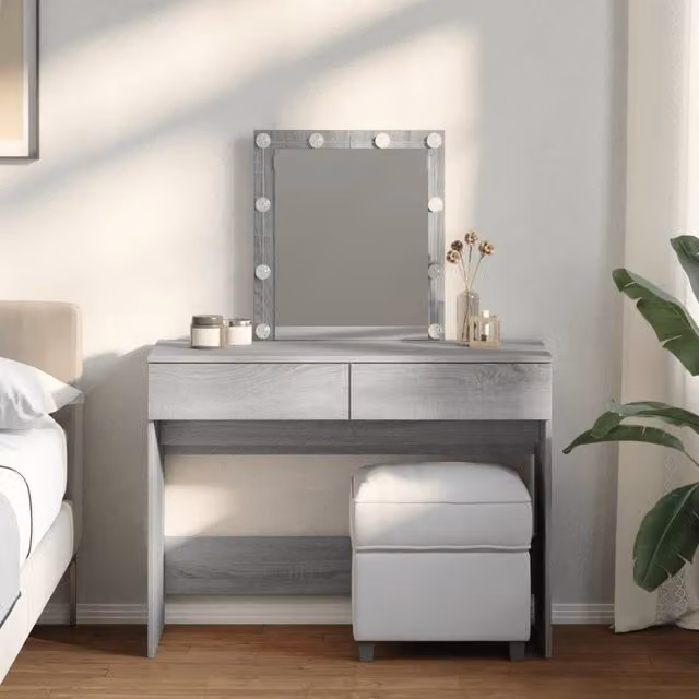 Berkfield Home Modern Grey Sonoma Dressing Table with LED Hollywood Mirror, W/D/H: 100 x 40 x 130 cm