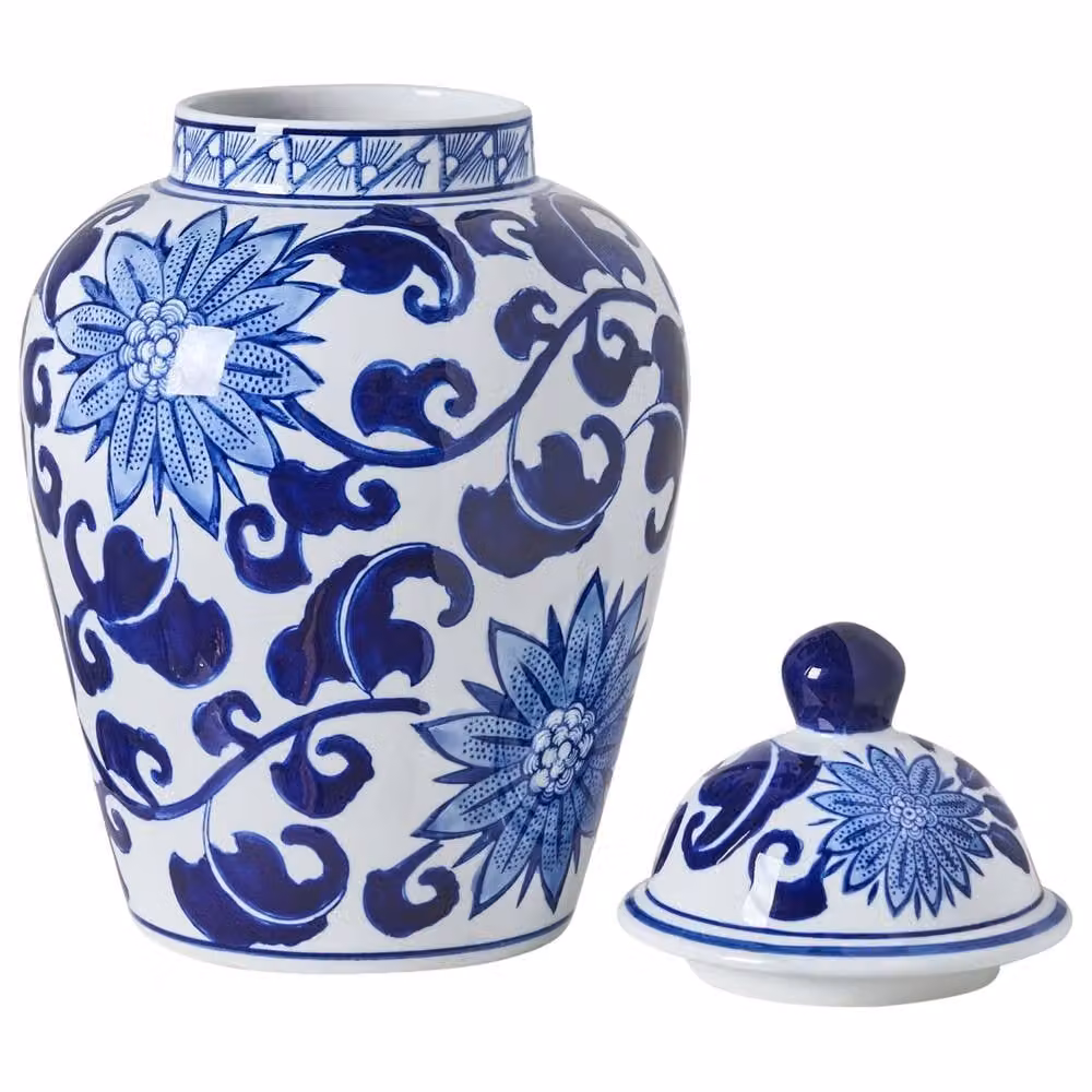 Wyld and Coco White and Blue Floral Porcelain Lidded Ginger Jar Vase – 3