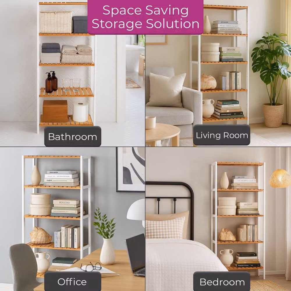 Neo 5 Tier Bamboo Storage Shelf Rack in White, H: 130 cm x W: 60 cm x D: 26 cm – 2