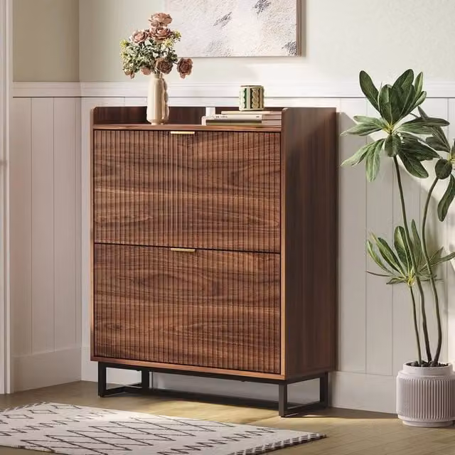 KORVIXA Slim Fluted Wooden Tilt-out Shoe Cabinet in Walnut – 1