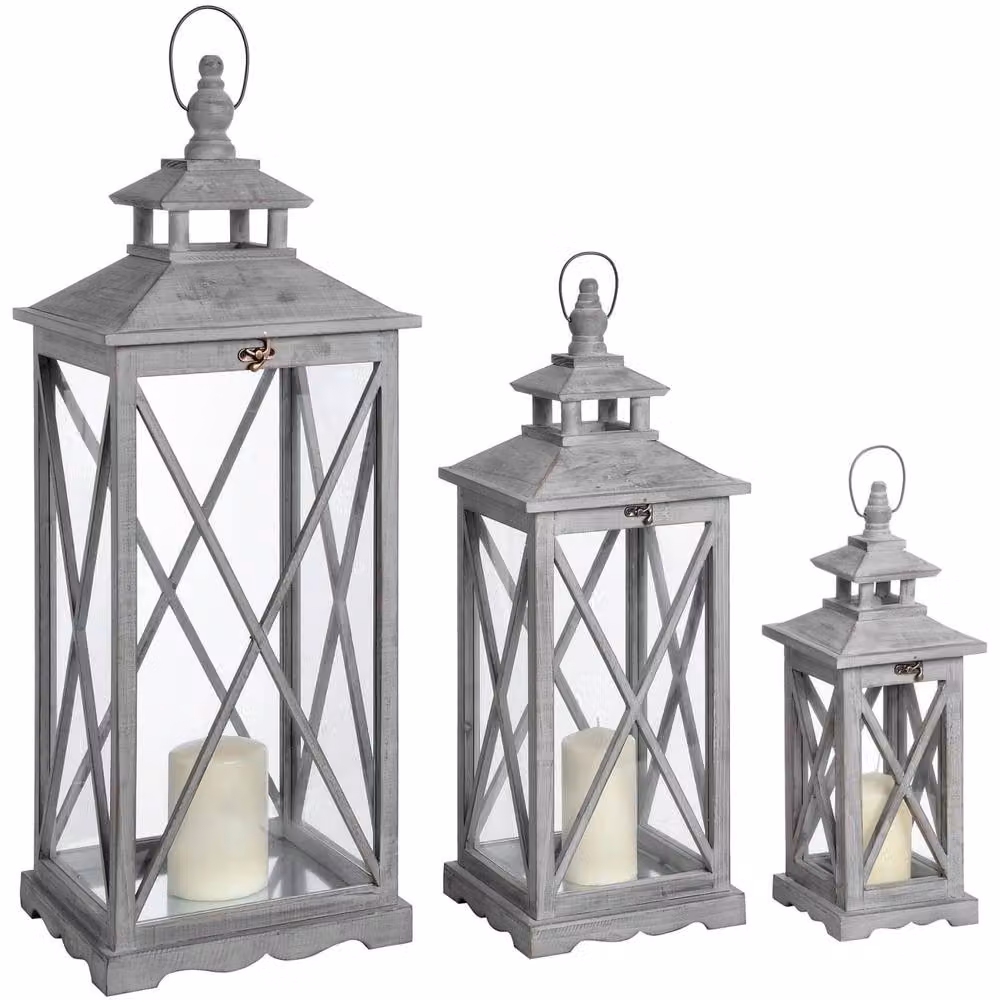 Wyld Haus Set of Three Grey Rustic Wooden Tabletop Lanterns with Glass Panels – 2