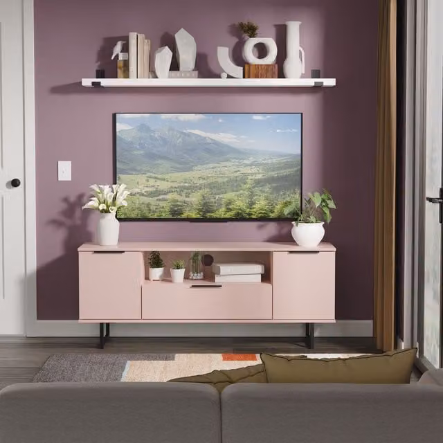 Ready Assembled 2 U Fuji Modern Wide TV Unit with 2 Doors and 1 Drawer in Dusty Pink – 1