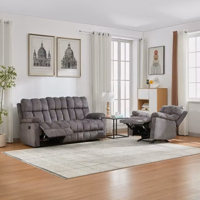 FURNITURE ONE Grey Fabric Manual Recliner Sofa Set with 2 Seater and 3 Seater Sofas – 1