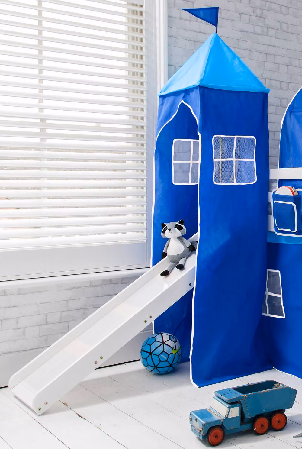 Nöa and Nani Moro Cabin Bed with Slide, Blue Tent, Tower and Tunnel in White and Blue, Solid Pine Wood, W/D/H: 90 x 190 cm – 3