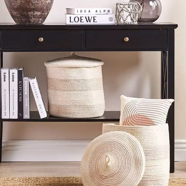 Wyld and Coco Set of 2 Beige and Pink Cotton Striped Fabric Storage Baskets with Lids