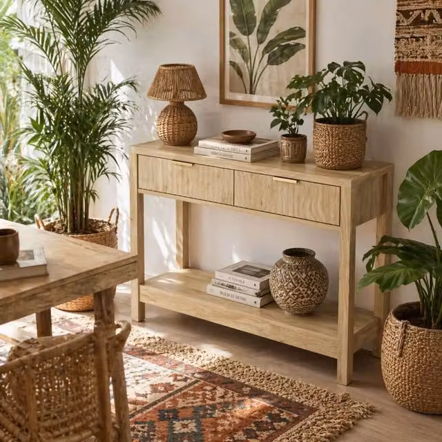 Wyld Haus Kesoyo Natural Fluted Drawer Console Table with Lower Shelf, W/D/H: 90 x 30 x 76 cm
