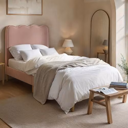Flair Furnishings Ellis Single Velvet Bed Frame with Cloud Headboard, Pink, W/D/H: 90 x 190 x 110 cm – 1