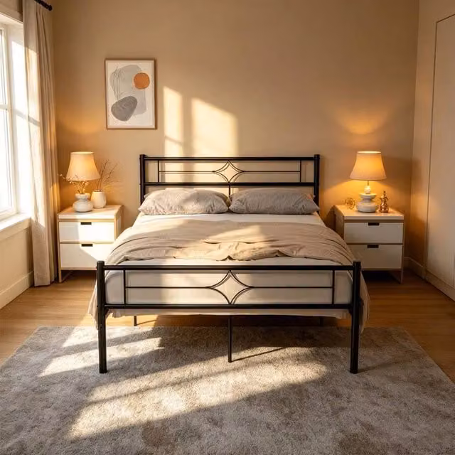 VOGREX Small Double Metal Bed Frame with Headboard in Black, W/D/H: 120 x 200 x 122 cm