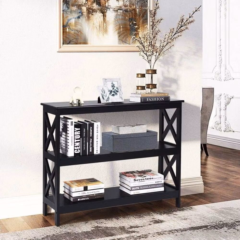 VOGREX 3-Tier X Design Console Table in Black Wood with Shelf – 4