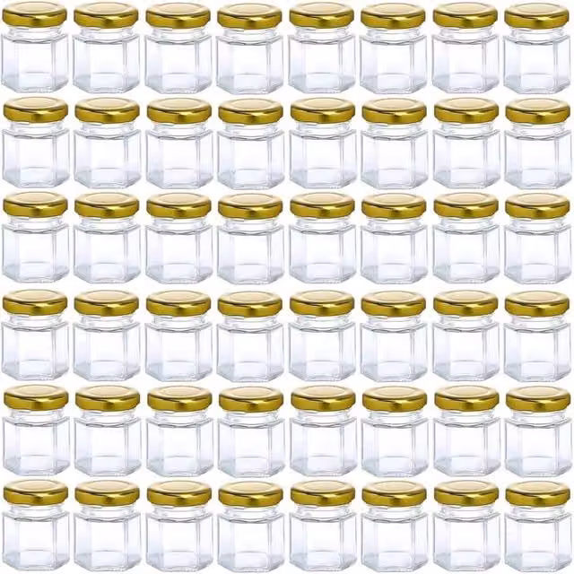 ATEK Set of 30 Hexagonal Glass Mini Mason Jars with Airtight Gold Metal Lids, 45ml, Transparent – 1