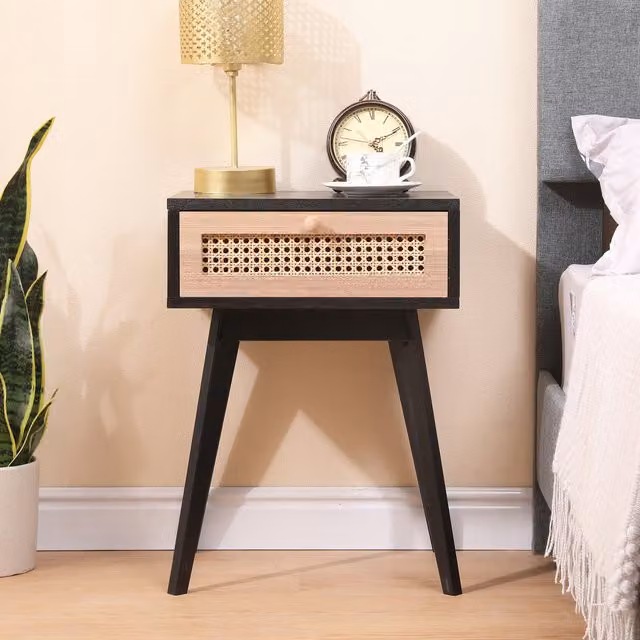 HMD Rattan 1 Drawer Bedside Table in Black and Natural