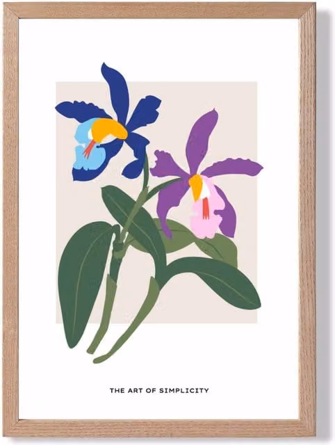 ARTZE Blue and Purple Irises Flower Market Simplicity Framed Botanical Print with Oak Frame, A4