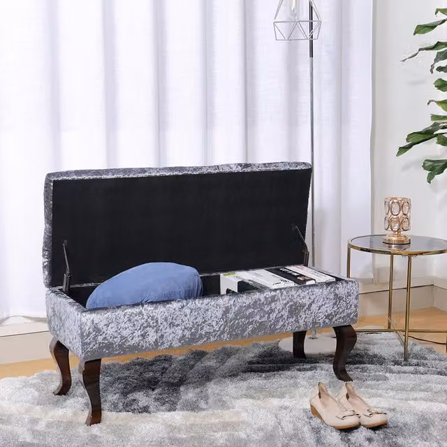 Livingandhome Grey Velvet Upholstered Storage Ottoman Bench