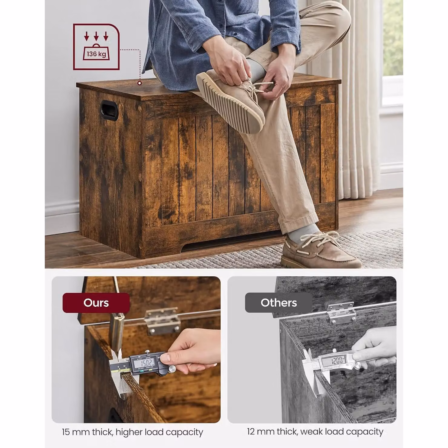 VASAGLE Rustic Brown Storage Chest Bench and Shoe Rack – 4