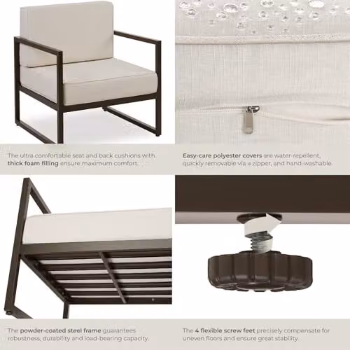 tectake Comosa Garden Chair in Brown with Powder-Coated Metal Frame and Minimalist Design – 6