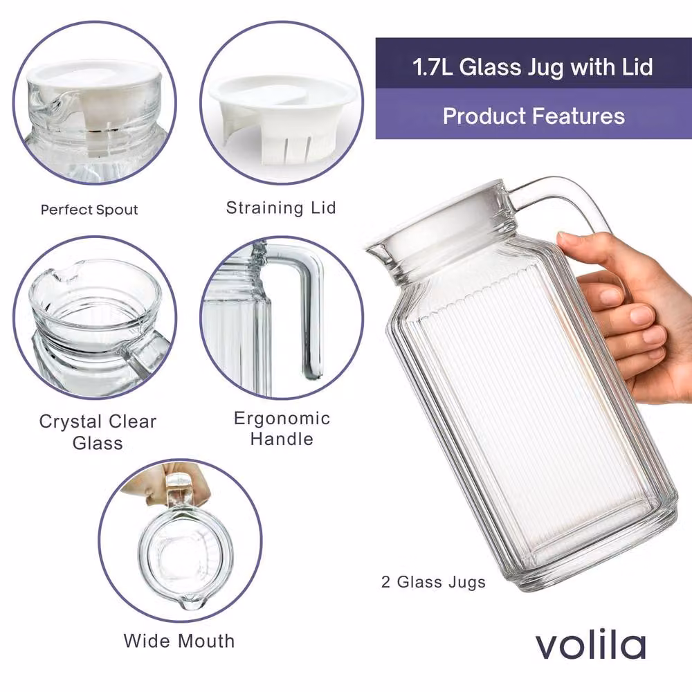 Volila 2 Pack Clear Glass Juice Jugs with Lid, 1.7 l each – 2