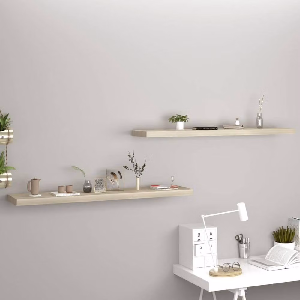 Berkfield Home Durable Floating Wall Shelves, 2 Pack, Oak MDF in Light Tan, W: 120 cm, D: 23.5 cm, H: 3.8 cm – 1