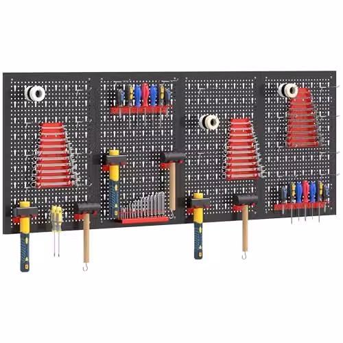 HOMCOM 38 Piece Wall-Mounted Steel Pegboard with Hooks, 4 Panels, Black and Red – 1