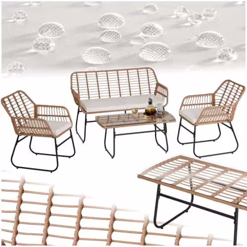 tectake 4-Piece Rattan Garden Furniture Set in Sand and Brown with 2-Seater Sofa, Lounge Armchair, Coffee Table and Upholstered Cushions