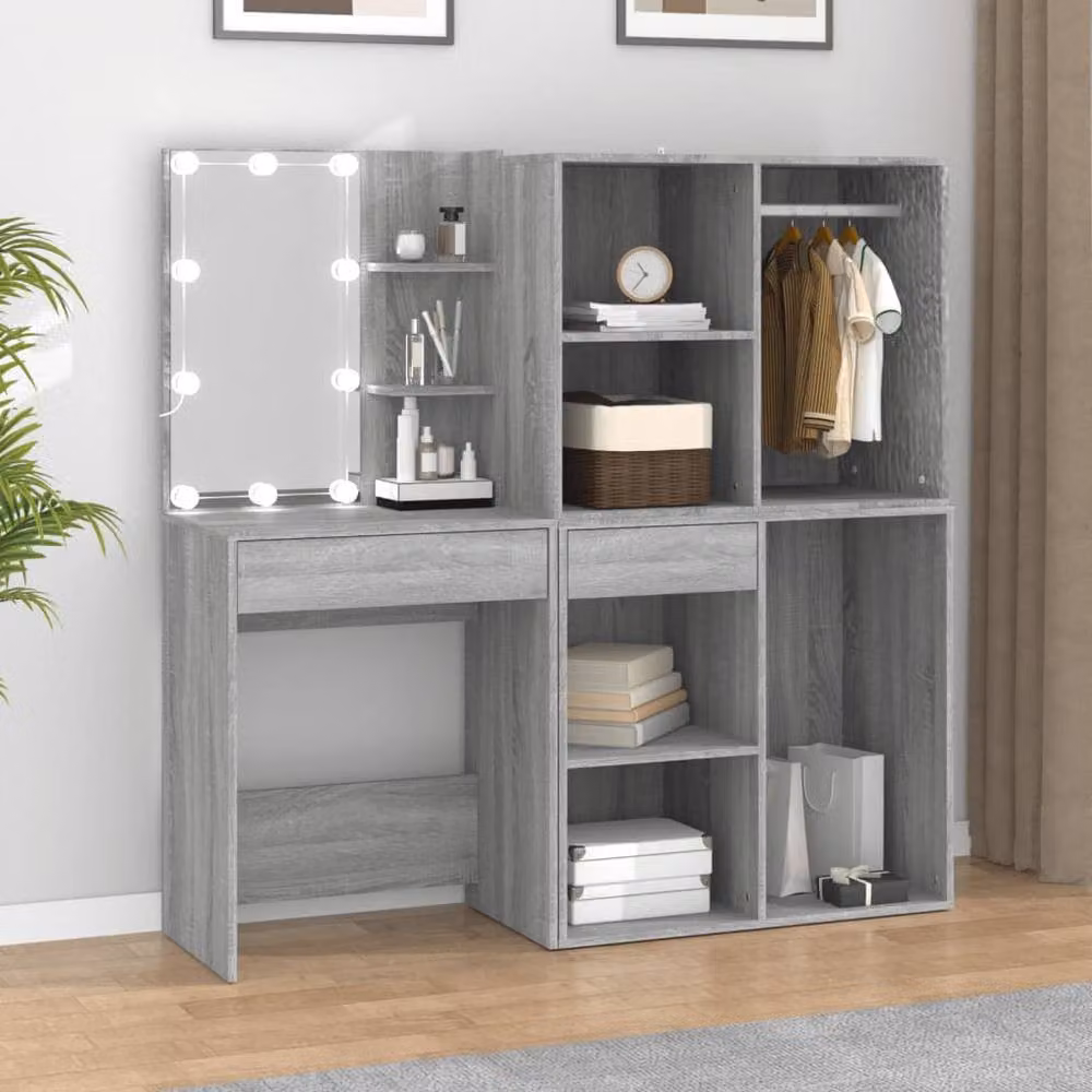 Berkfield Home Hollywood LED Dressing Table with Cabinets in Grey Matt MDF – 2