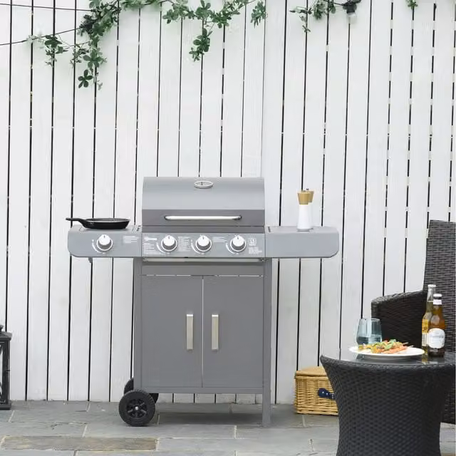 Outsunny Gas Burner Barbecue Grill with Thermometer in Grey