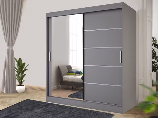 RAC3 Modern Grey Matt Sliding Door Wardrobe with Mirror and Integrated Drawers, Height: 203 cm