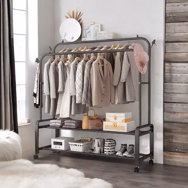Pirlo Plush Heavy Duty Metal Clothes Rail Open Wardrobe with 2 Storage Shelves in Matt Black