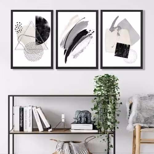 ARTZE Set of 3 Abstract Black and Grey Geometric Wall Art with Black Frames, W: 33 cm, H: 45 cm, D: 2 cm – 1