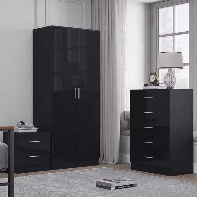 REFLECT Bedroom Furniture Bundle including 2-Door Plain Wardrobe, Chest of Drawers and Bedside Table in Black Gloss and Matt Black