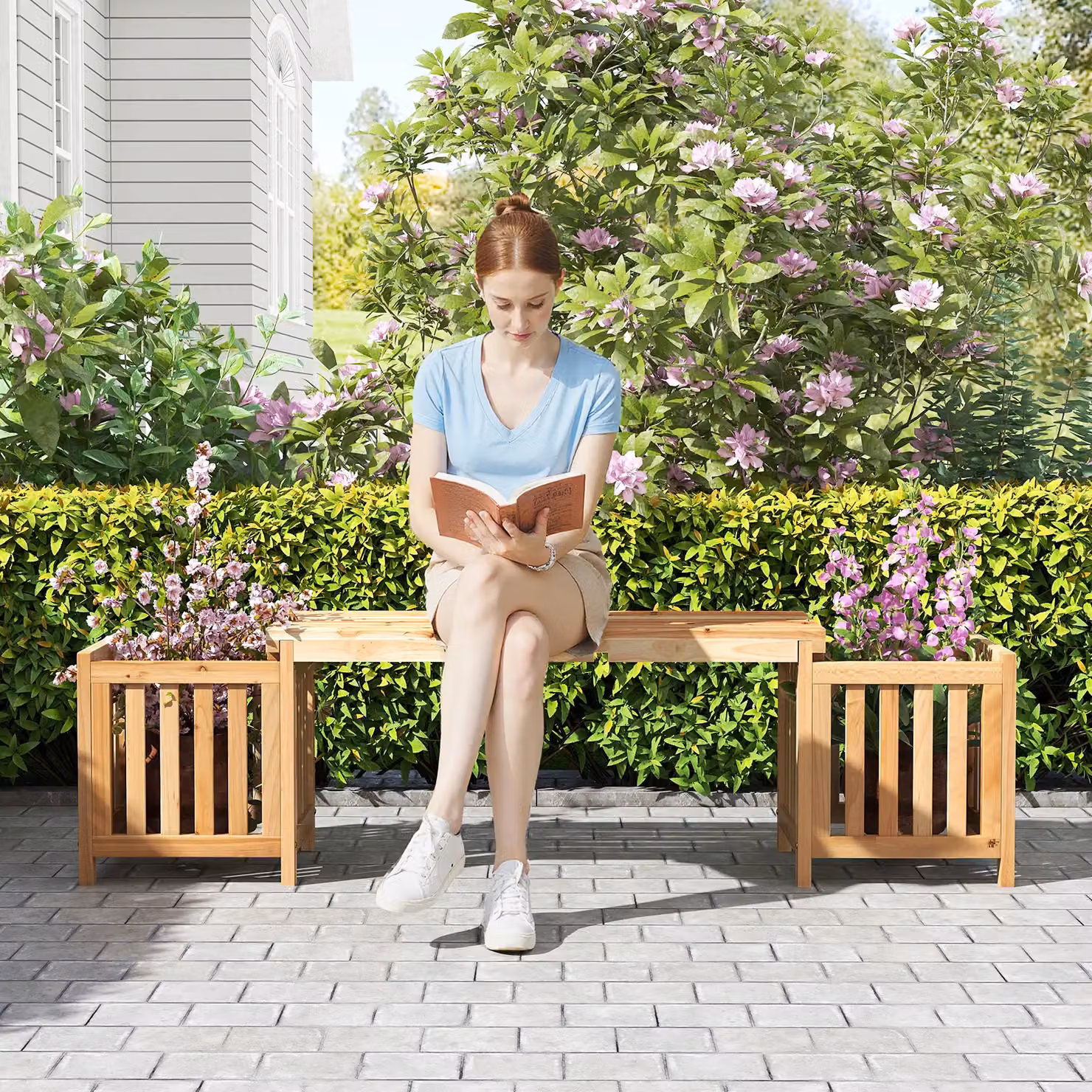Costway 2-in-1 Wooden Garden Planter and Bench Seat in Natural – 3