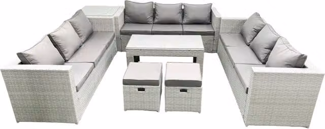 Fimous 11 Seater Rattan Garden Furniture Set in Light Grey with Oblong Coffee Table and Ottomans