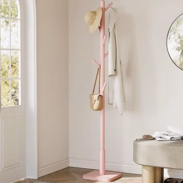VASAGLE Premium Wood Hall Stand Multi Hook Coat Tree with Adjustable Height in Light Pink