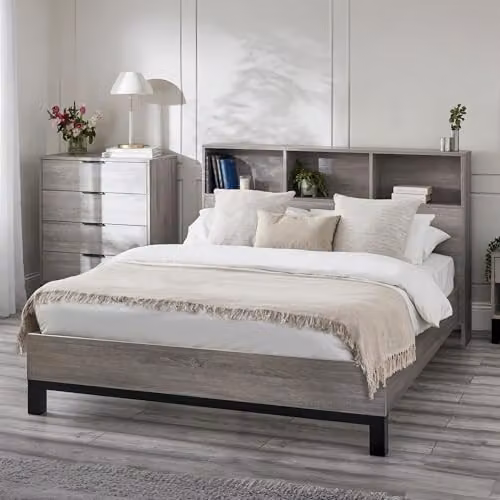 Julian Bowen Bali Bookcase Bed Frame in Grey Oak with Side Compartments, 180 x 200 cm