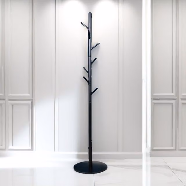 Pirlo Plush Black Wooden Coat Stand with 8 Hooks and Round Base – 1