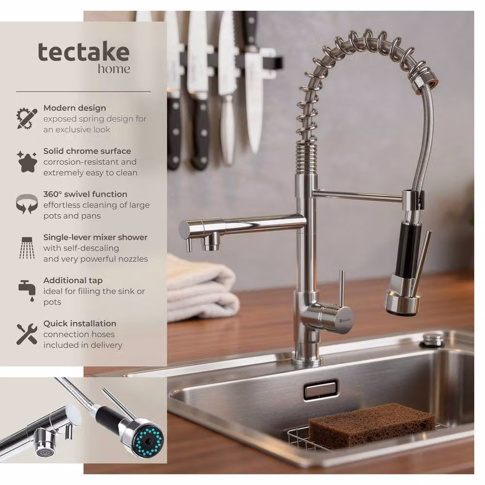 tectake Single Lever Kitchen Tap in Grey and Silver with Pull Out Swivel Spout – 2