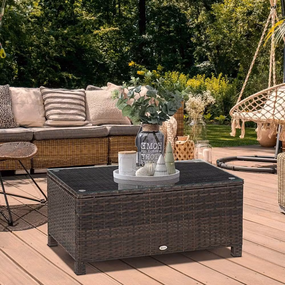 ERGOVEXA Mixed Brown Polyrattan Garden Coffee Table with Glass Top – 4
