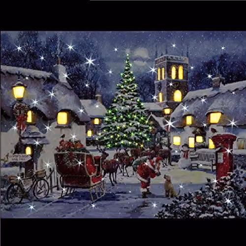 Snowtime Battery Operated Multicolour Fibre Optic LED Santa and Village Christmas Wall Canvas W: 40 cm, H: 30 cm