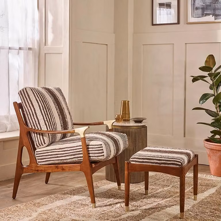 Atkin and Thyme Levi Mid-Century Armchair in Striped Brown Fabric with Acacia Wood Frame